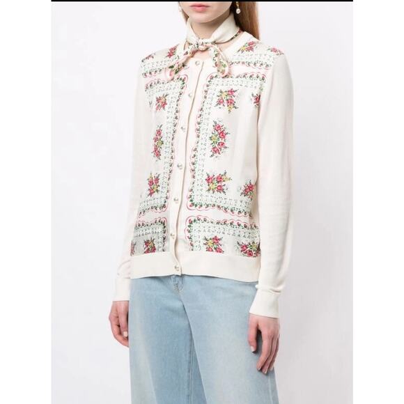 Tory Burch Cream Silk Garden Veil Printed Cardigan Medium - Picture 2 of 11
